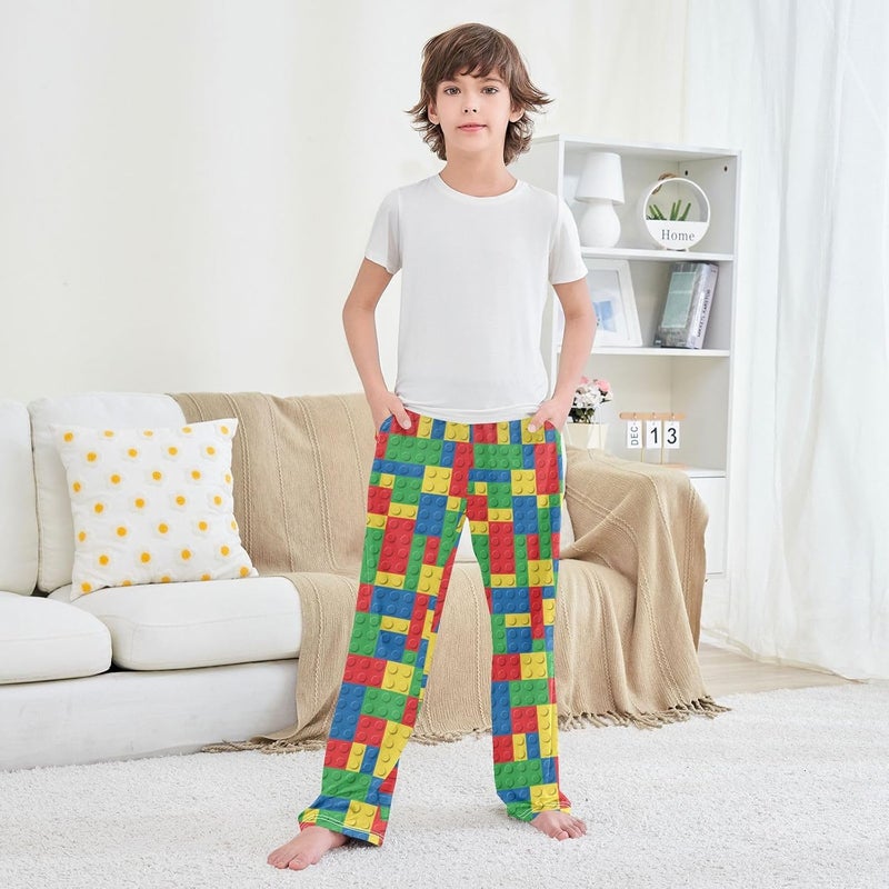 FLildon Boy's Pajama Pants 6-14 Years Elastic Waist Lounge Pajama Pants, Building Blocks - Image 5